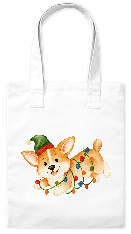 Ekologiczna torba z grubej bawełny 220 g Bavenna „Piesek w lampkach” z psem zaplątanym w świątecznym lampkach choinkowych