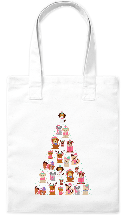 Torba z grubej bawełny 220 g Bavenna „Psia choinka” z psami w różnych rozmiarach tworzące wspólnie świąteczną choinkę