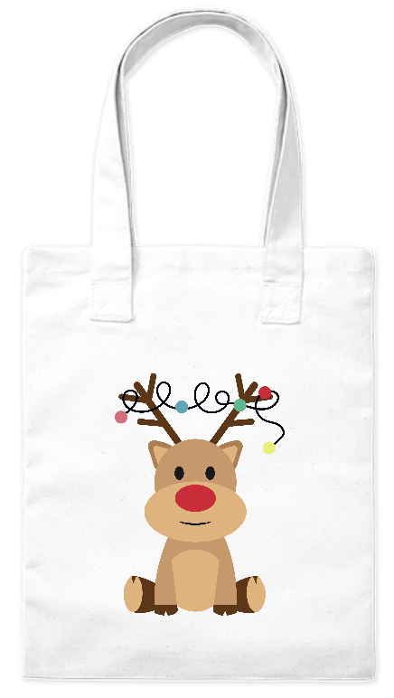 Torba bawełniana eko 220 g Bavenna „Renifer z lampkami” z siedzącym reniferem z świątecznymi lampkami na głowie