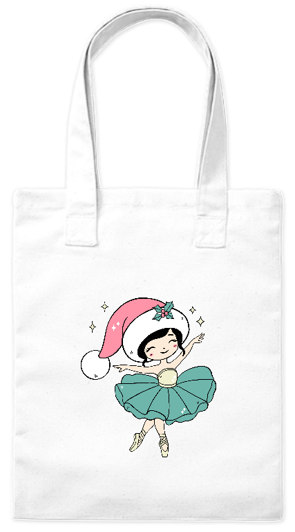 Torba ekologiczna z grubej bawełny 220 g Bavenna „Świąteczna baletnica” z tańczącą baletnicą w świątecznej czapce