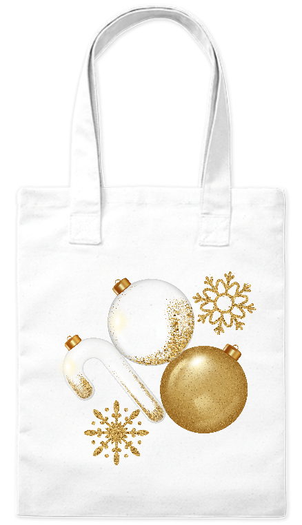 Torba ekologiczna z grubej bawełny 220 g Bavenna „Świąteczne ozdoby” z złotymi ozdobami świątecznymi