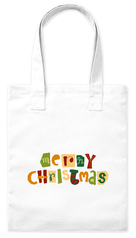 Torba z grubej bawełny 220 g Bavenna „Świąteczny kolaż” z wycinanką liter z napisem merry christmas