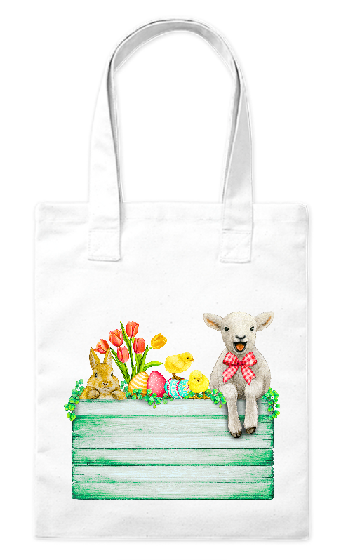 Torba bawełniana eko 220 g Bavenna „Wesoła Zagroda” z wizerunkiem baranka zajączka kurczaków i jajek oraz kwiatów
