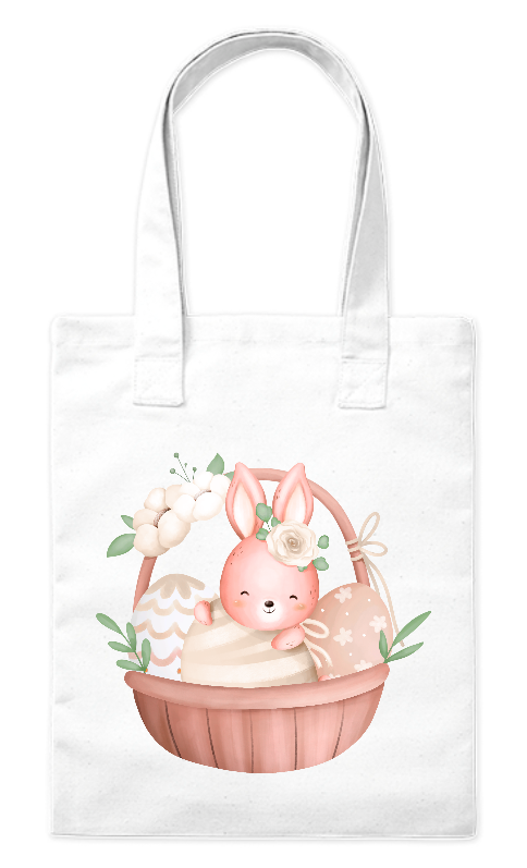 Torba bawełniana eko 220 g Bavenna „Zajączek w koszyczku” z zajączkiem, kwiatami i pisankami