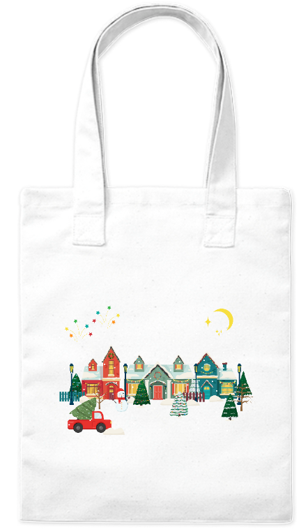 Ekologiczna torba na zakupy z bawełny 220 g Bavenna „Zimowy krajobraz” z domkami, autem i gwieździstym niebem