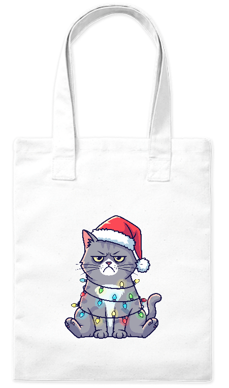 Torba ekologiczna z grubej bawełny 220 g Bavenna „Zły kot” z kotem w czapce mikołaja i lampkami