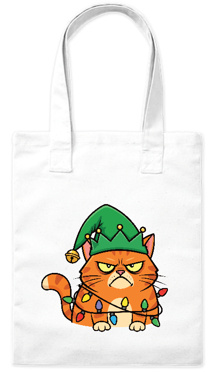 Torba ekologiczna z grubej bawełny 220 g  Bavenna „Zły świąteczny kot” z złym kotem w czapce elfa i lampkach choinkowych