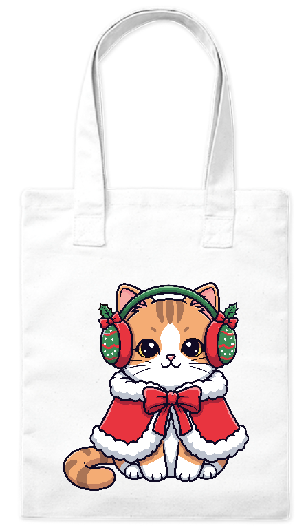 Torba bawełniana ekologiczna 220g Bavenna „Kotek w nausznikach” z kotem w świątecznym ubraniu i nausznikach